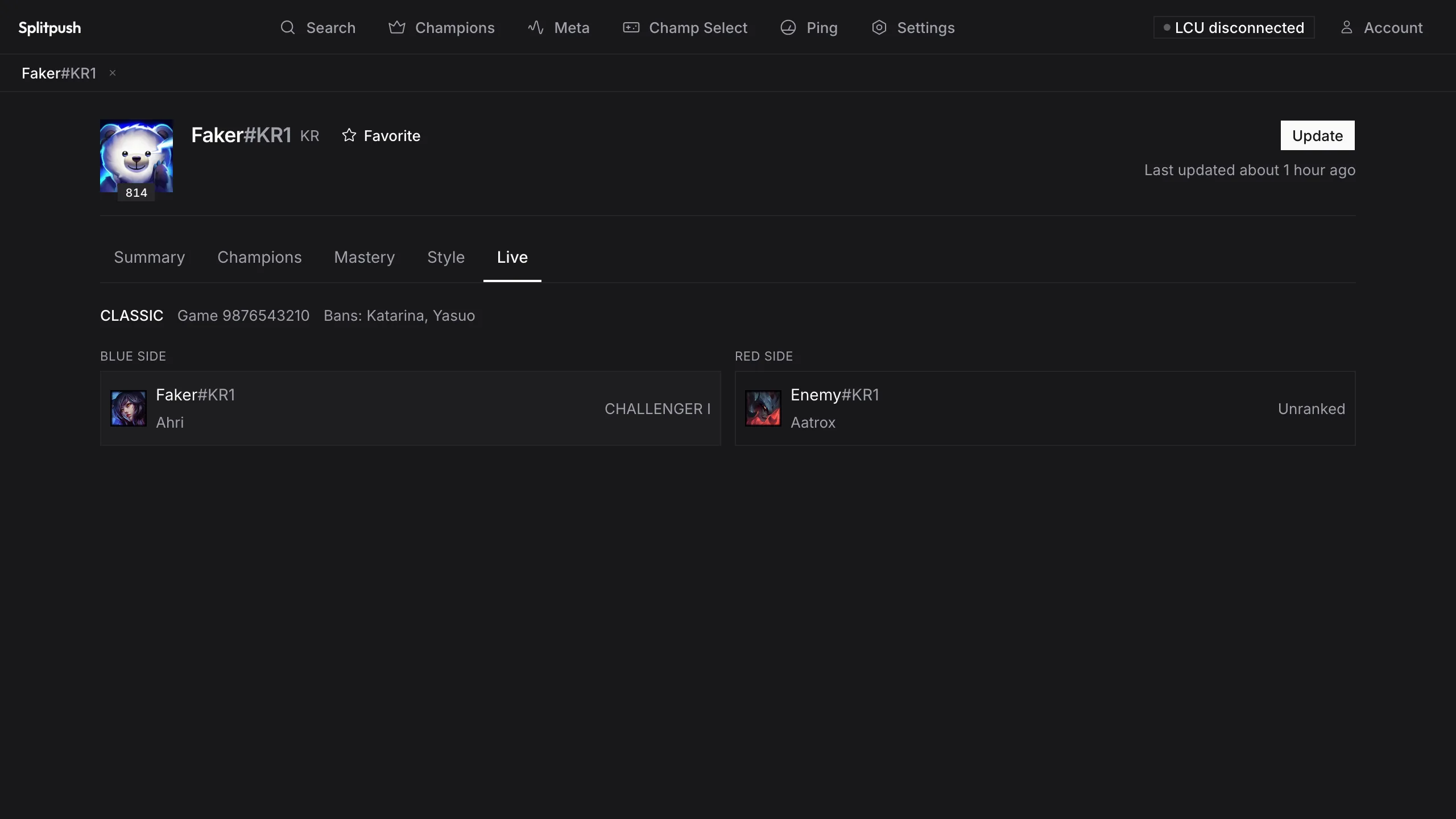 Splitpush live game view with every player's rank and recent form